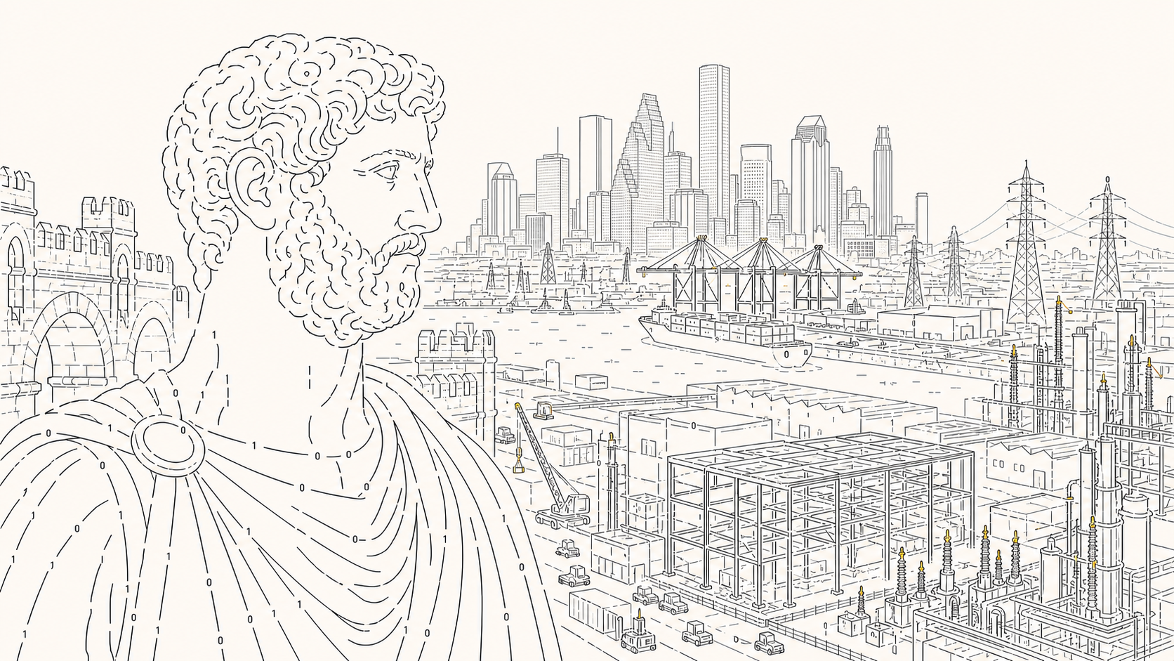 Hadrian overlooking Houston's industrial infrastructure and skyline