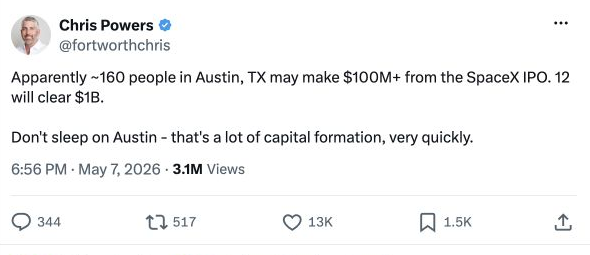 Screenshot of Chris Powers’s post on X about SpaceX IPO capital formation in Austin