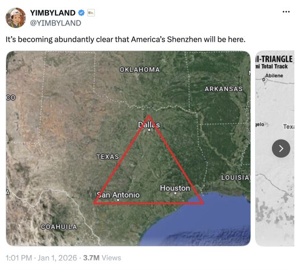 Screenshot of the @YIMBYLAND post on X showing a map of the Texas Triangle