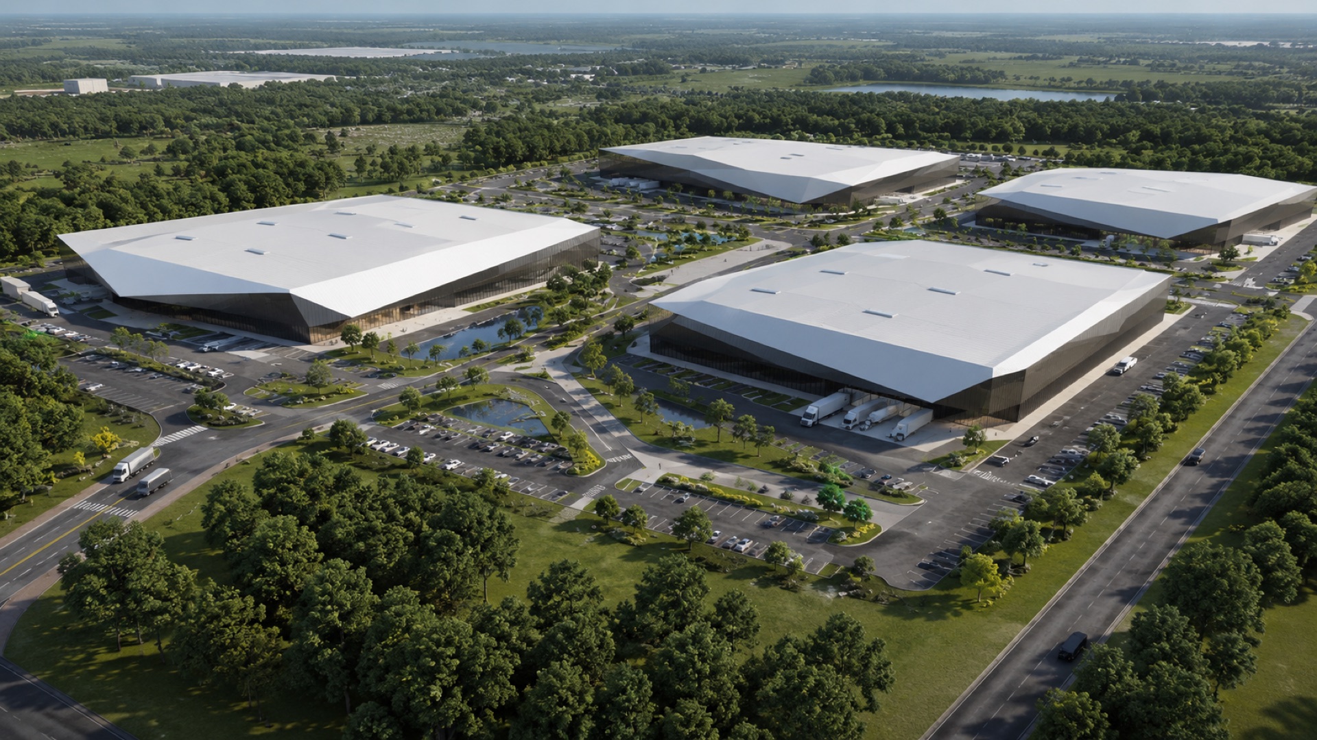 Aerial rendering of a Macro Park campus with four large-format advanced manufacturing buildings