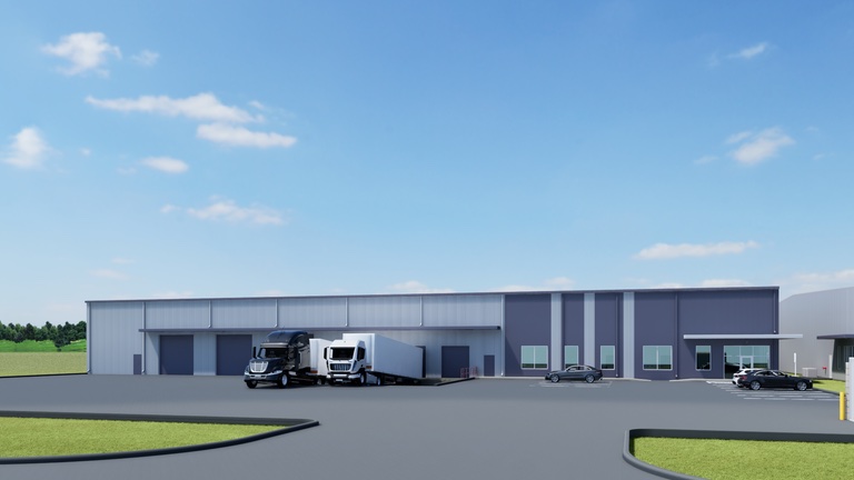 Street-level rendering of a Pinto Business Park building elevation with dock loading