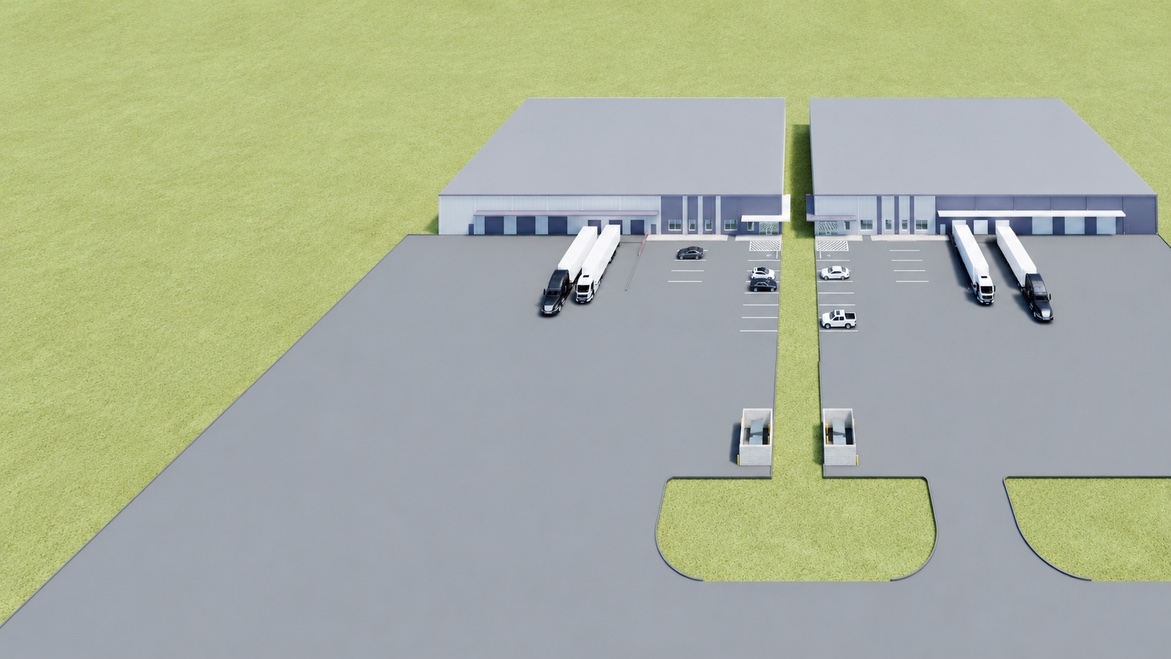Aerial rendering of the two Pinto Business Park buildings with truck courts and trailer positions